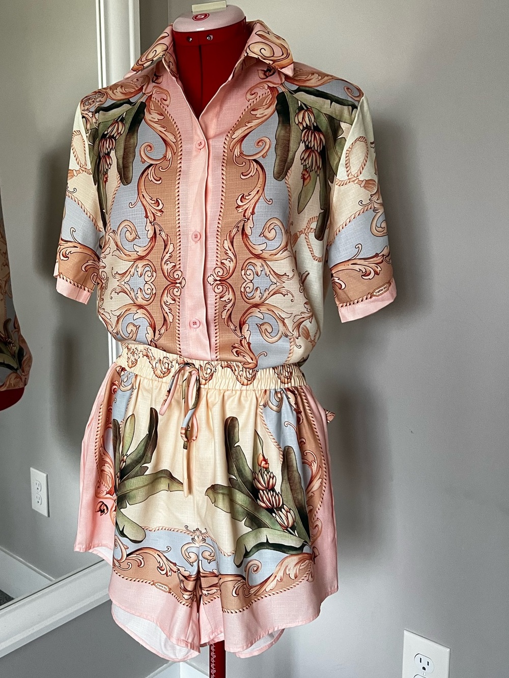 Faux FARM Rio Pink, Cream & Blue Printed Short Jumpsuit - Picture 3 of 9